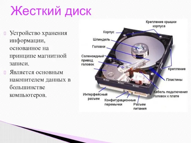 Устройство хранения информации, основанное на принципе магнитной записи. Является основным накопителем данных