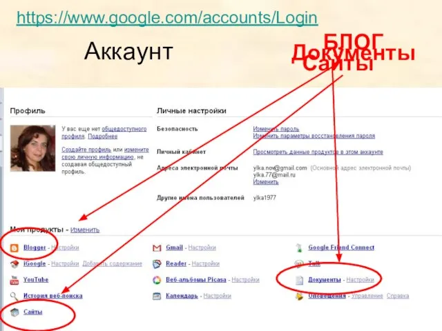 Аккаунт БЛОГ Документы Сайты https://www.google.com/accounts/Login