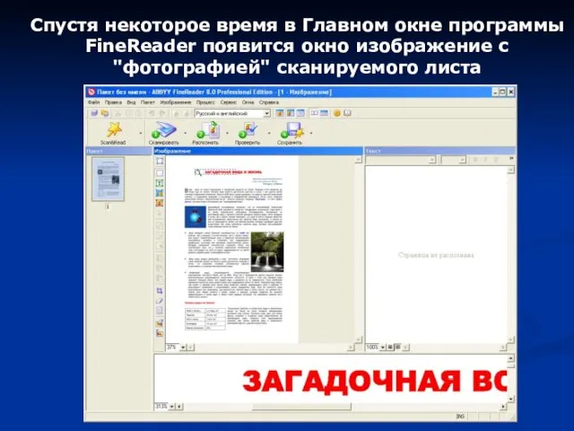 Спустя некоторое время в Главном окне программы FineReader появится окно изображение с "фотографией" сканируемого листа