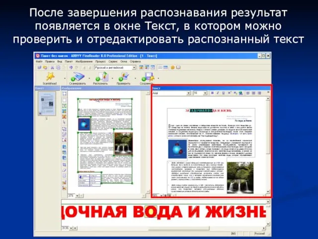 После завершения распознавания результат появляется в окне Текст, в котором можно проверить и отредактировать распознанный текст