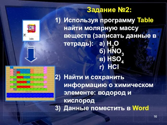 Задание №2: Используя программу Table найти молярную массу веществ (записать данные в