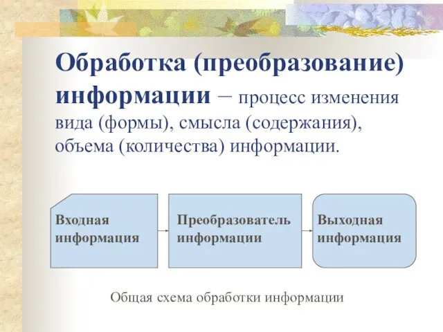 Обработка (преобразование) информации – процесс изменения вида (формы), смысла (содержания), объема (количества) информации.