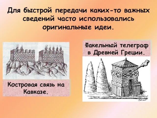 Для быстрой передачи каких-то важных сведений часто использовались оригинальные идеи. Костровая связь