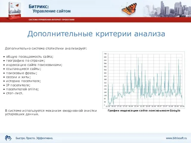 Дополнительные критерии анализа Дополнительно система статистики анализирует: общую посещаемость сайта; географию по