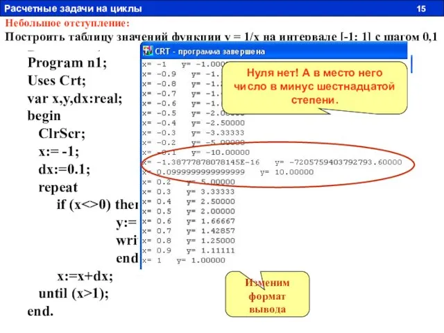 Program n1; Uses Crt; var x,y,dx:real; begin ClrScr; x:= -1; dx:=0.1; repeat