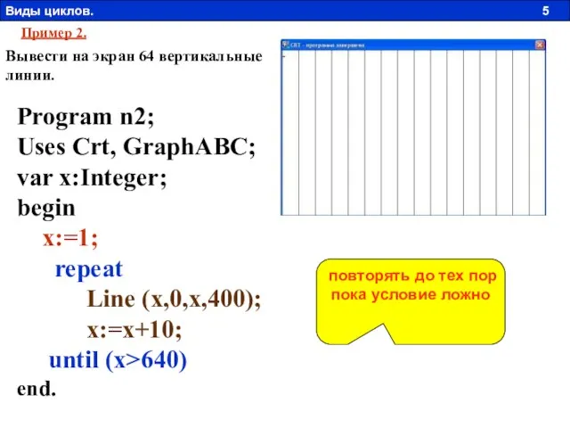 Пример 2. Вывести на экран 64 вертикальные линии. Program n2; Uses Crt,