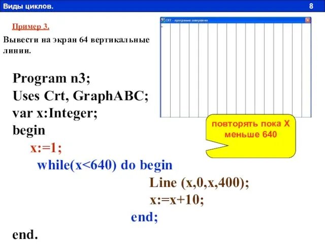 Пример 3. Вывести на экран 64 вертикальные линии. Program n3; Uses Crt,