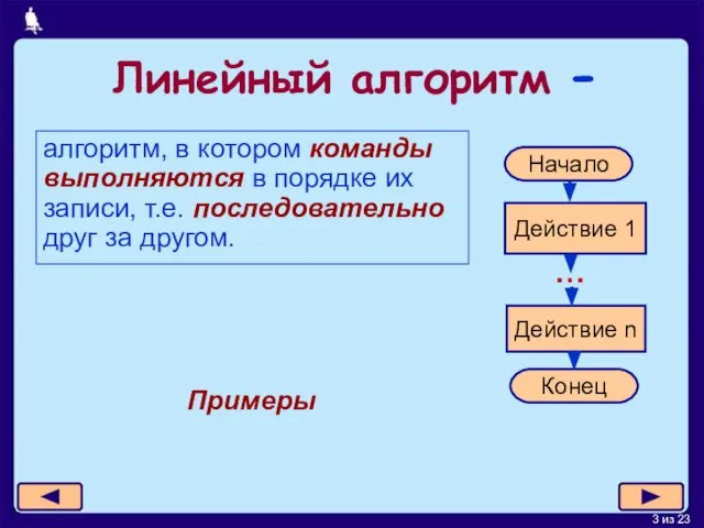 Линейный алгоритм - алгоритм, в котором команды выполняются в порядке их записи,