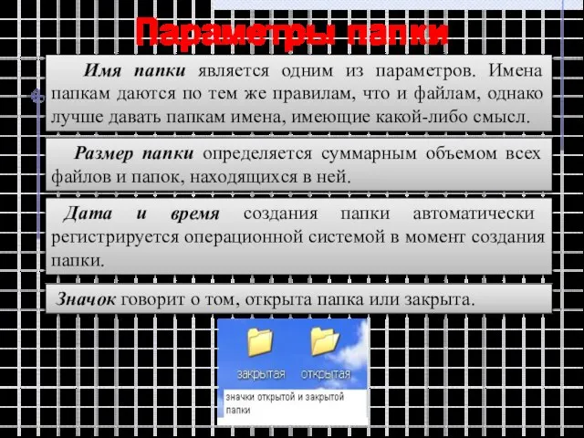 Параметры папки Имя папки является одним из параметров. Имена папкам даются по