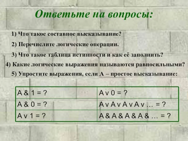 Ответьте на вопросы: 1) Что такое составное высказывание? 2) Перечислите логические операции.