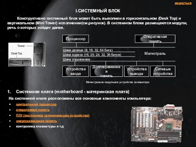 I.СИСТЕМНЫЙ БЛОК Конструктивно системный блок может быть выполнен в горизонтальном (Desk Top)