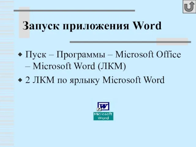 Запуск приложения Word Пуск – Программы – Microsoft Office – Microsoft Word