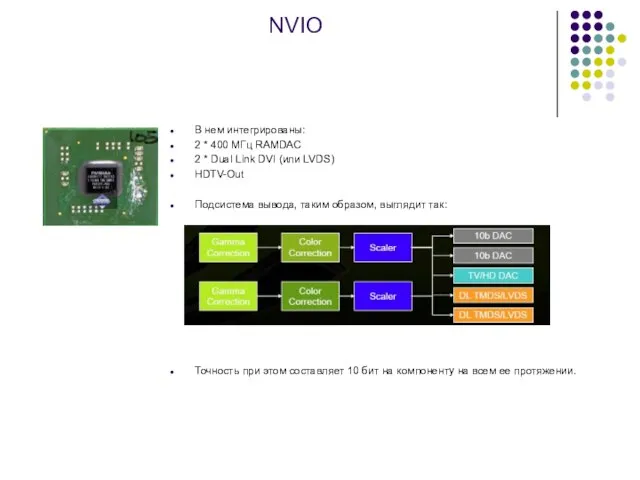 NVIO В нем интегрированы: 2 * 400 МГц RAMDAC 2 * Dual