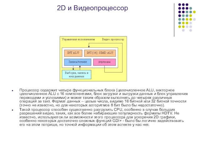 2D и Видеопроцессор Процессор содержит четыре функциональных блока (целочисленное ALU, векторное целочисленное