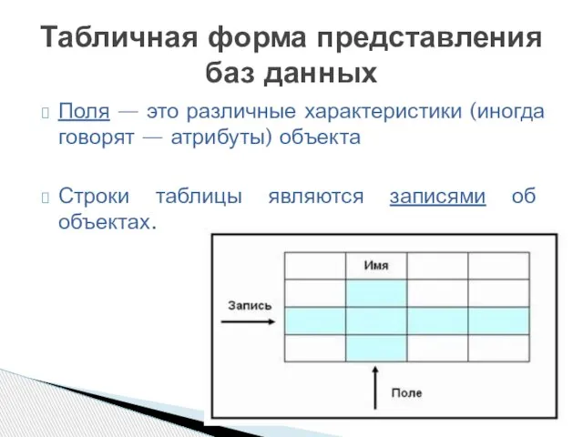 Поля — это различные характеристики (иногда говорят — атрибуты) объекта Строки таблицы
