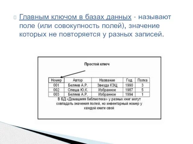 Главным ключом в базах данных - называют поле (или совокупность полей), значение