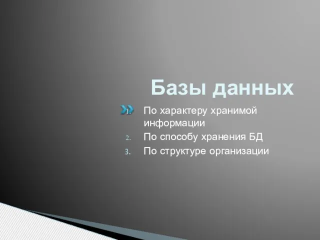 Базы данных По характеру хранимой информации По способу хранения БД По структуре организации