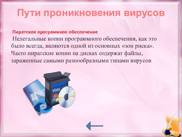 Пути проникновения вирусов Пиратское программное обеспечение Нелегальные копии программного обеспечения, как это