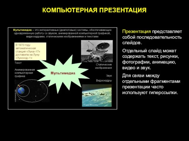 КОМПЬЮТЕРНАЯ ПРЕЗЕНТАЦИЯ Презентация представляет собой последовательность слайдов. Отдельный слайд может содержать текст,