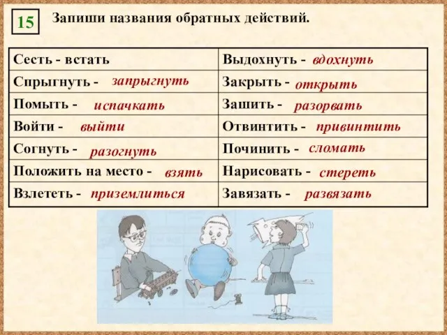 запрыгнуть испачкать разогнуть взять вдохнуть открыть разорвать привинтить сломать стереть развязать выйти