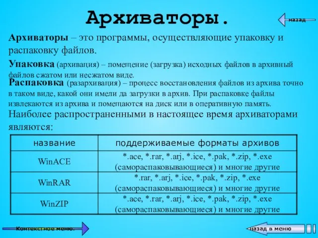 Архиваторы. Архиваторы – это программы, осуществляющие упаковку и распаковку файлов. Упаковка (архивация)