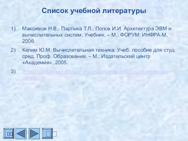 Список учебной литературы Максимов Н.В., Партыка Т.Л., Попов И.И. Архитектура ЭВМ и