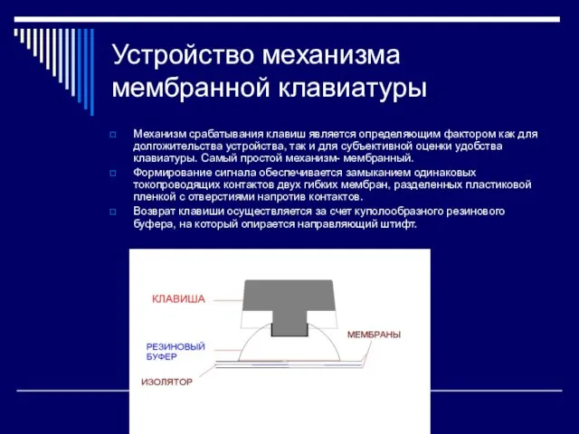 Устройство механизма мембранной клавиатуры Механизм срабатывания клавиш является определяющим фактором как для