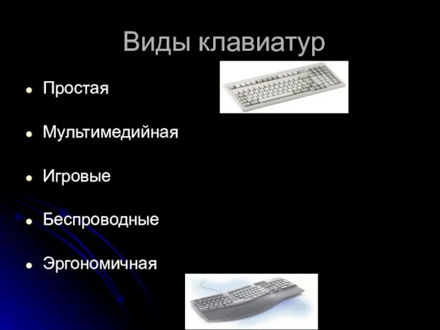 Виды клавиатур Простая Мультимедийная Игровые Беспроводные Эргономичная