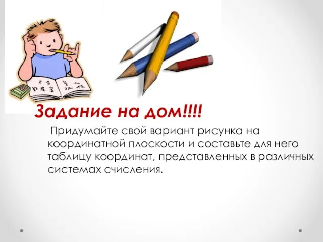 Задание на дом!!!! Придумайте свой вариант рисунка на координатной плоскости и составьте