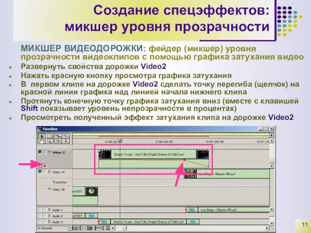 Создание спецэффектов: микшер уровня прозрачности МИКШЕР ВИДЕОДОРОЖКИ: фейдер (микшер) уровня прозрачности видеоклипов