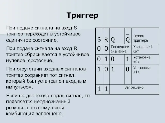 Триггер При подаче сигнала на вход S триггер переходит в устойчивое единичное