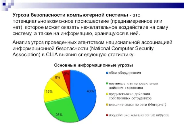 Угроза безопасности компьютерной системы - это потенциально возможное происшествие (преднамеренное или нет),