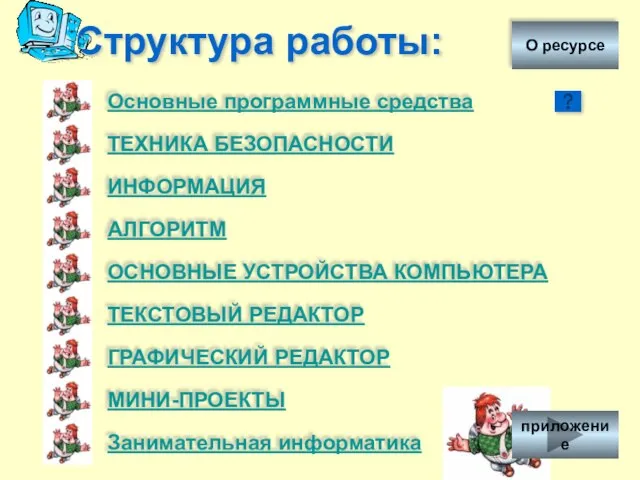 Структура работы: Основные программные средства ТЕХНИКА БЕЗОПАСНОСТИ АЛГОРИТМ ОСНОВНЫЕ УСТРОЙСТВА КОМПЬЮТЕРА ТЕКСТОВЫЙ