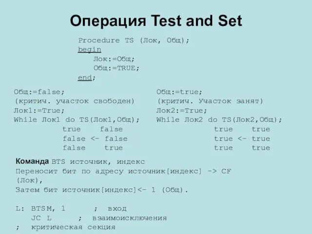 Операция Test and Set Procedure TS (Лок, Общ); begin Лок:=Общ; Общ:=TRUE; end;