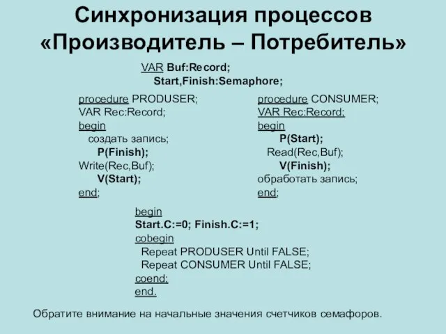 Синхронизация процессов «Производитель – Потребитель» VAR Buf:Record; Start,Finish:Semaphore; begin Start.C:=0; Finish.C:=1; cobegin