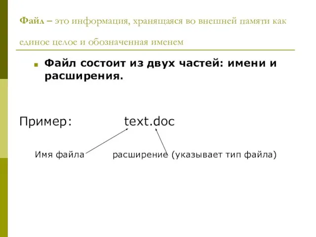 Файл – это информация, хранящаяся во внешней памяти как единое целое и