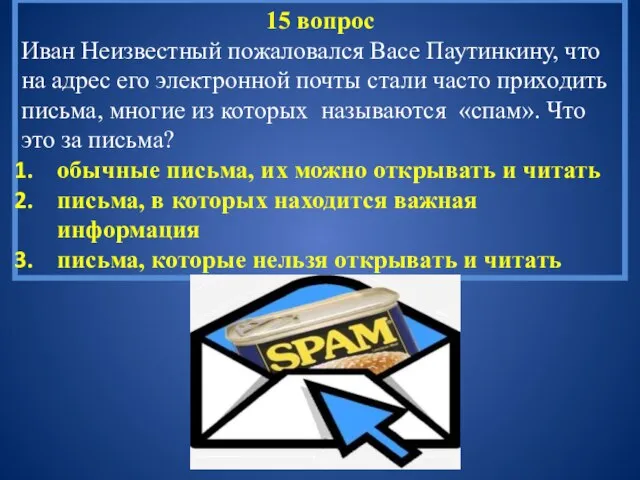 15 вопрос Иван Неизвестный пожаловался Васе Паутинкину, что на адрес его электронной