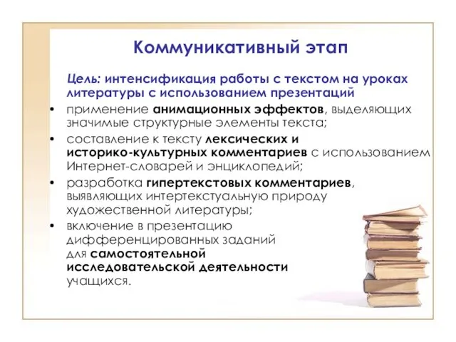 Коммуникативный этап Цель: интенсификация работы с текстом на уроках литературы с использованием