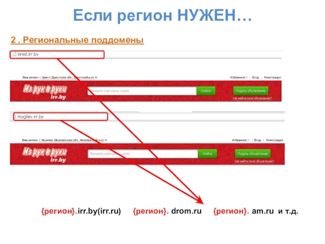 Если регион НУЖЕН… 2 . Региональные поддомены {регион}.irr.by(irr.ru) {регион}. drom.ru {регион}. am.ru и т.д.