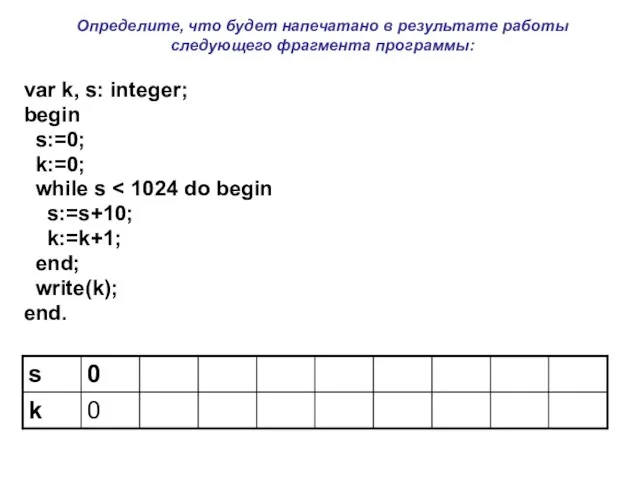 var k, s: integer; begin s:=0; k:=0; while s s:=s+10; k:=k+1; end;