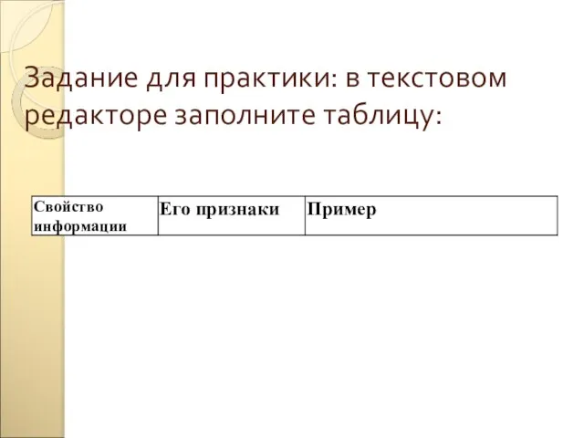 Задание для практики: в текстовом редакторе заполните таблицу: