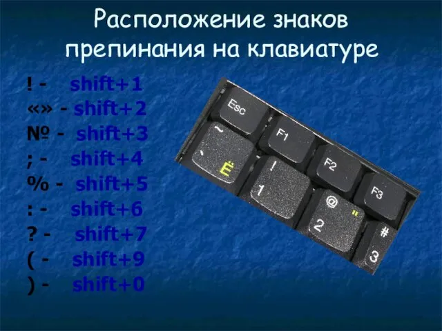 Расположение знаков препинания на клавиатуре ! - shift+1 «» - shift+2 №