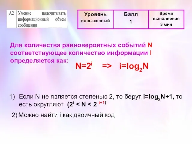 Для количества равновероятных событий N соответствующее количество информации I определяется как: N=2i