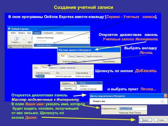 Создание учетной записи В окне программы Оutlоок Ехргеss ввести команду [Сервис -