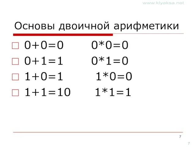 Основы двоичной арифметики 0+0=0 0*0=0 0+1=1 0*1=0 1+0=1 1*0=0 1+1=10 1*1=1