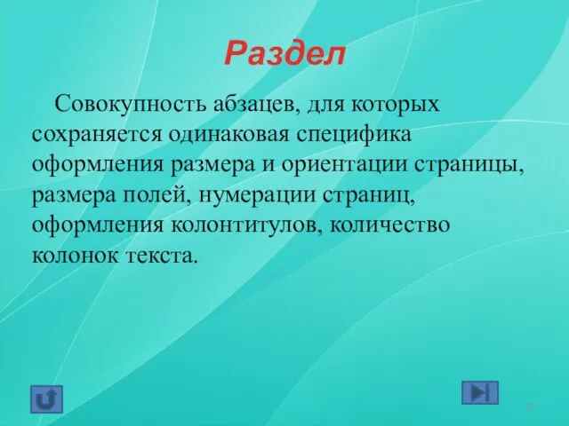 Раздел Совокупность абзацев, для которых сохраняется одинаковая специфика оформления размера и ориентации