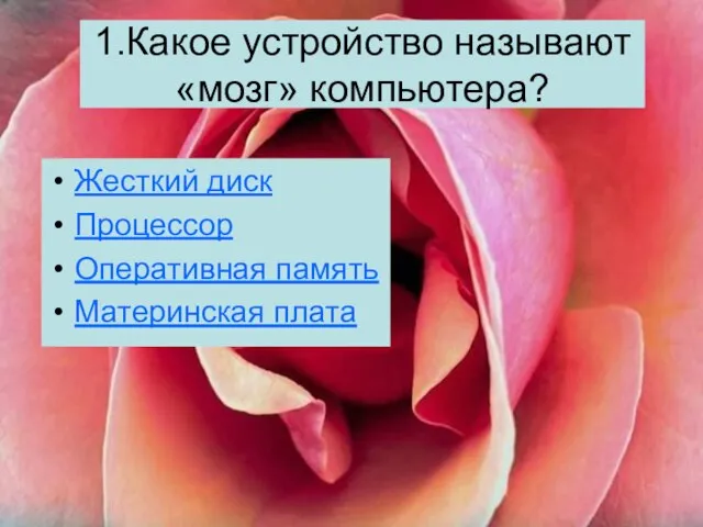 1.Какое устройство называют «мозг» компьютера? Жесткий диск Процессор Оперативная память Материнская плата