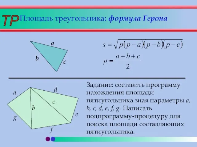 Площадь треугольника: формула Герона a b c Задание: составить программу нахождения площади