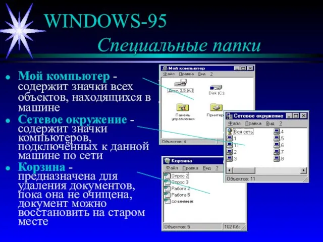 WINDOWS-95 Специальные папки Мой компьютер - содержит значки всех объектов, находящихся в