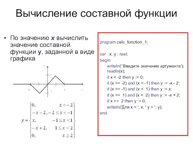 Вычисление составной функции По значению x вычислить значение составной функции y, заданной